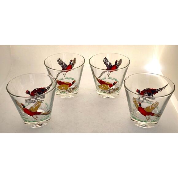 GLASSES/OLD FASHION/Vintage Pheasant-MCM-Hunting Barware-Red Gold-Set of 4 - Picture 2 of 14